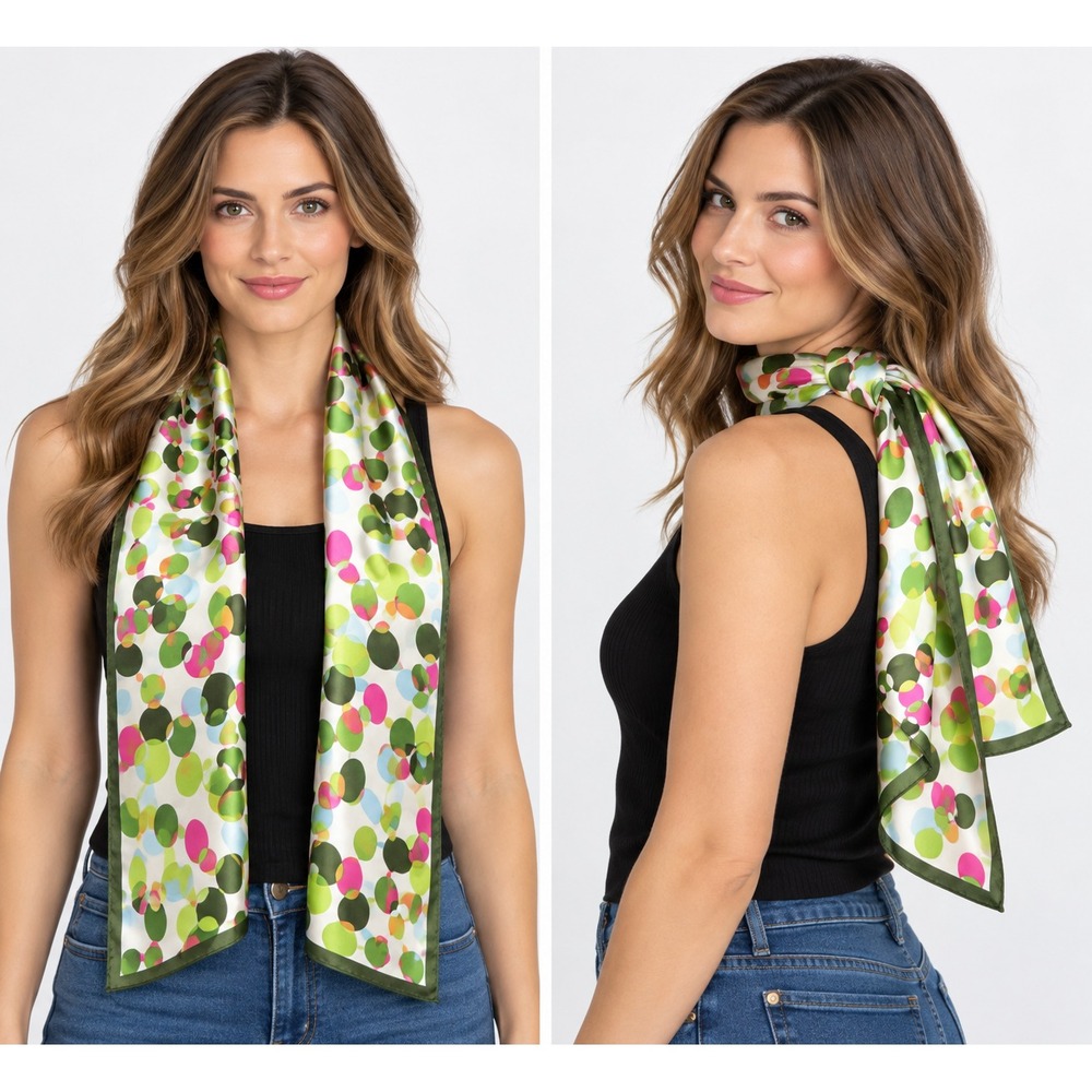 Talbots Silk Scarf Multicolor Dots Circles Long Neck Wrap Head Accessory Shawl